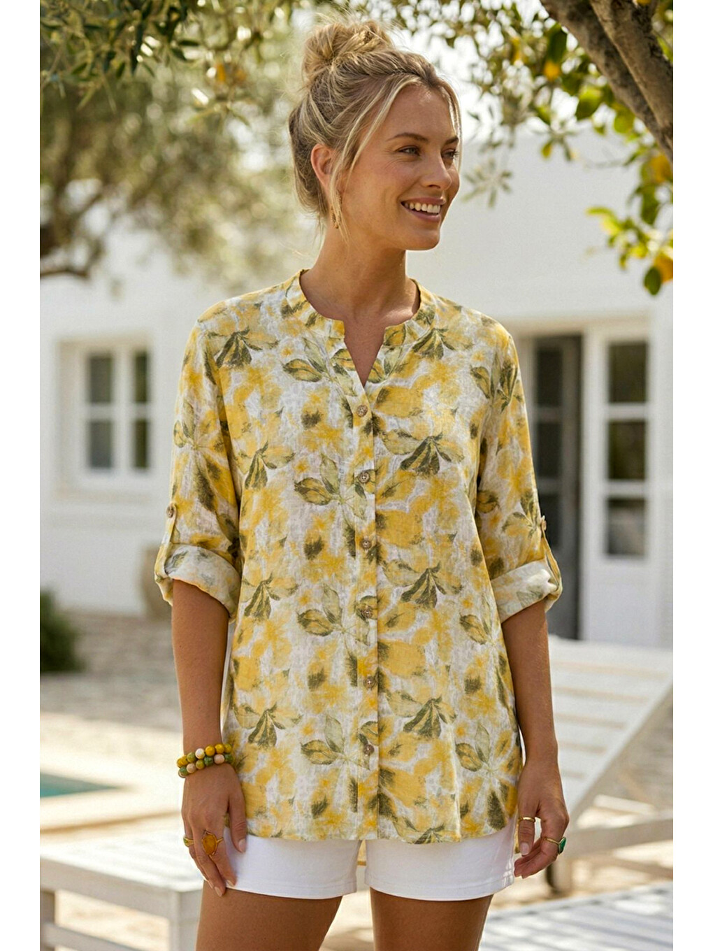 Sarı Hakim Yaka Düğmeli 3/4 Kol Yaprak Desenli Yırtmaçlı Casual Pamuklu Oversize Dokuma Gömlek 73 60-4