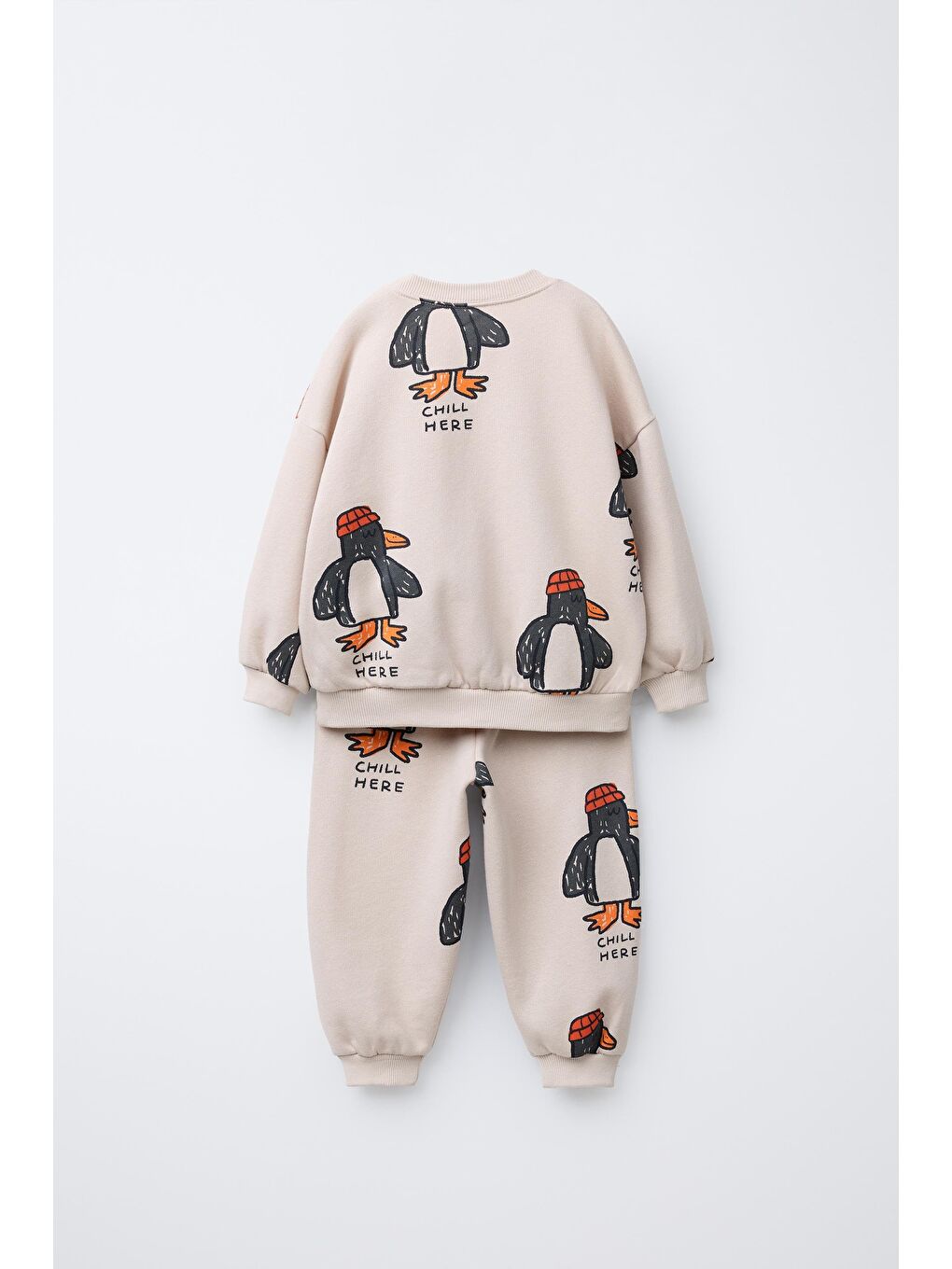 Unisex Çocuk Pamuklu Ekru Penguen Desenli Sweatshirt Ve Eşofman Takım-4
