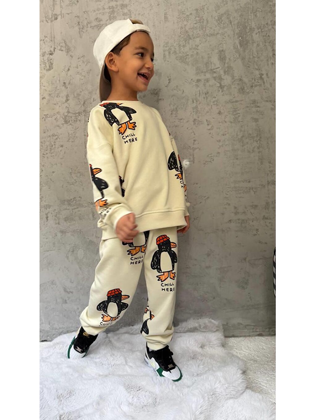 Unisex Çocuk Pamuklu Ekru Penguen Desenli Sweatshirt Ve Eşofman Takım-5