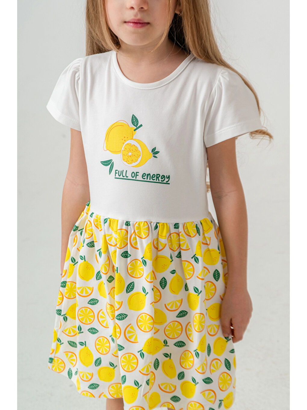 Ekru Limon Baskılı Kız Çocuk Elbise 50972-1