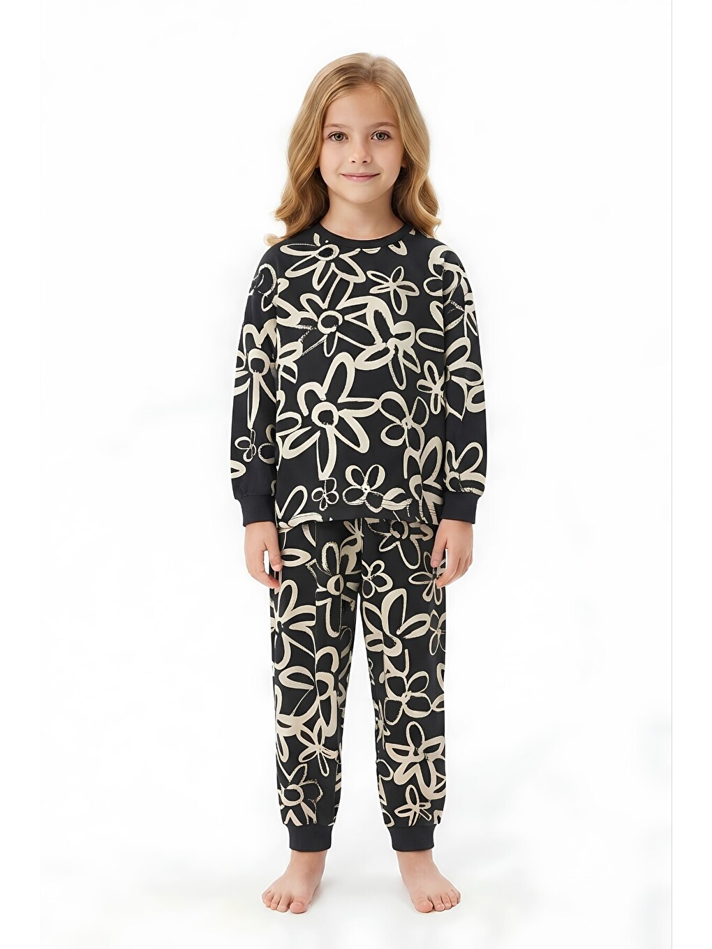 Siyah %100 Pamuk Ve Baskılı Kız Çocuk Pijama Takımı 3-8 Yaş 12740ıs