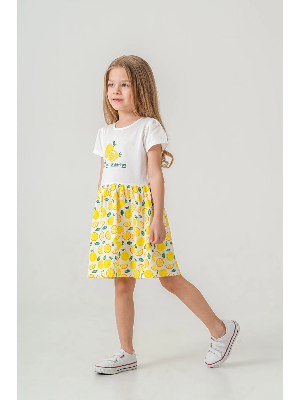 Ekru Limon Baskılı Kız Çocuk Elbise 50972-2