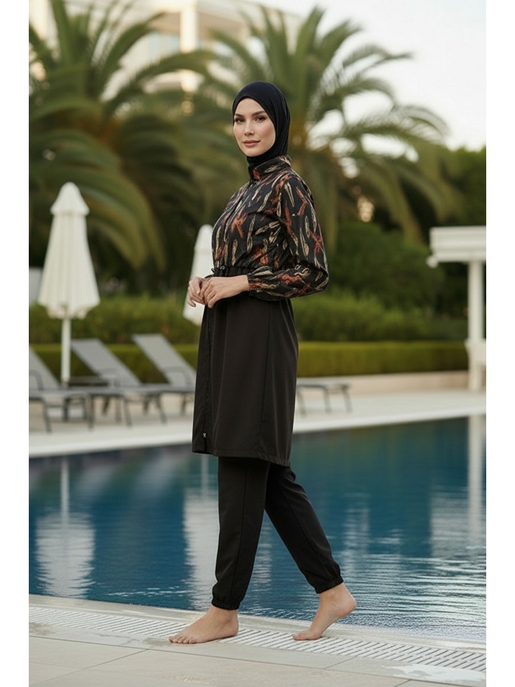 Siyah Hızlı Kuruyan Paraşüt Kumaş Büyük Beden Tam Kapalı Tesettür Mayo 20184-3
