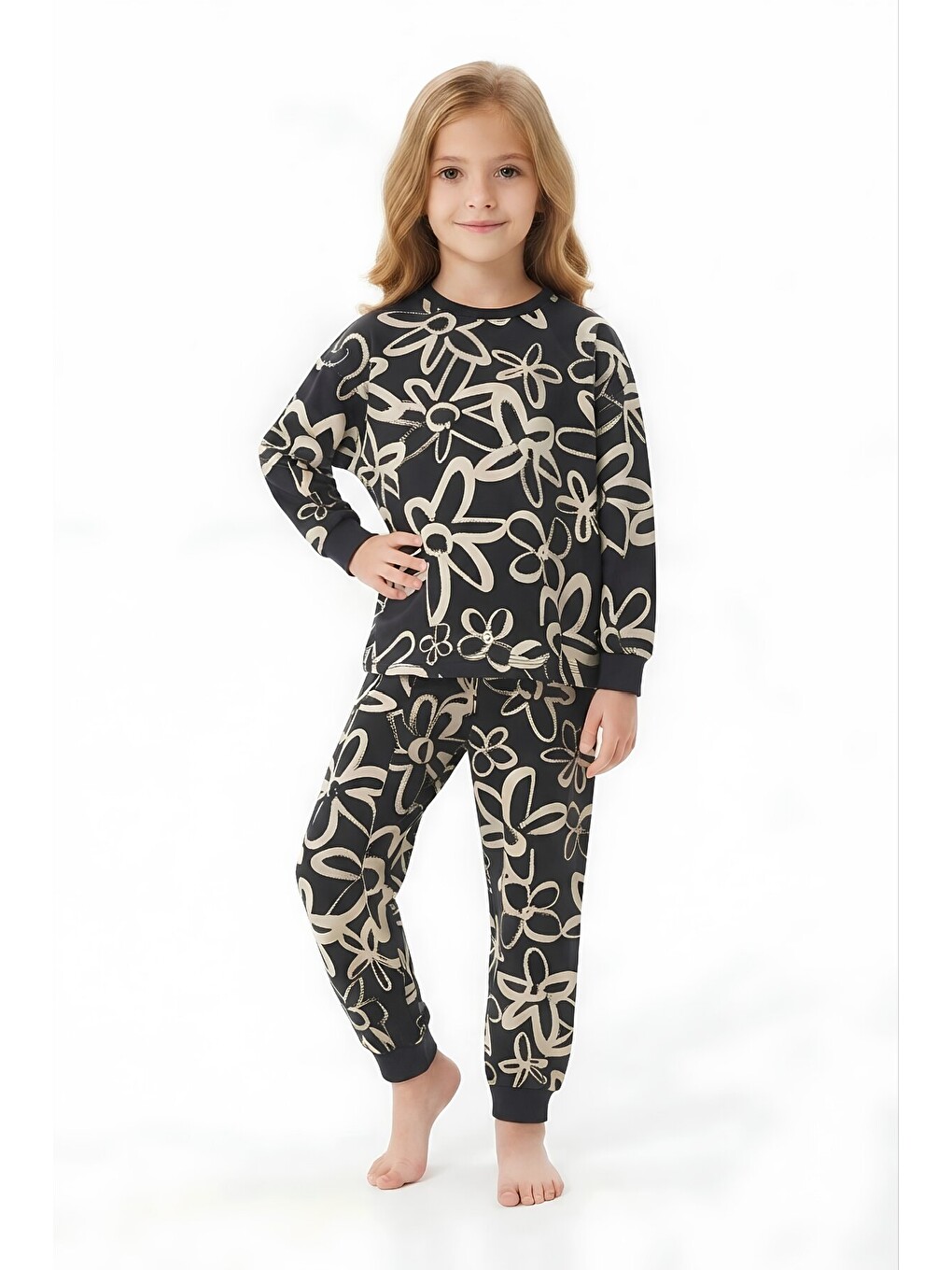 Siyah %100 Pamuk Ve Baskılı Kız Çocuk Pijama Takımı 3-8 Yaş 12740ıs-1