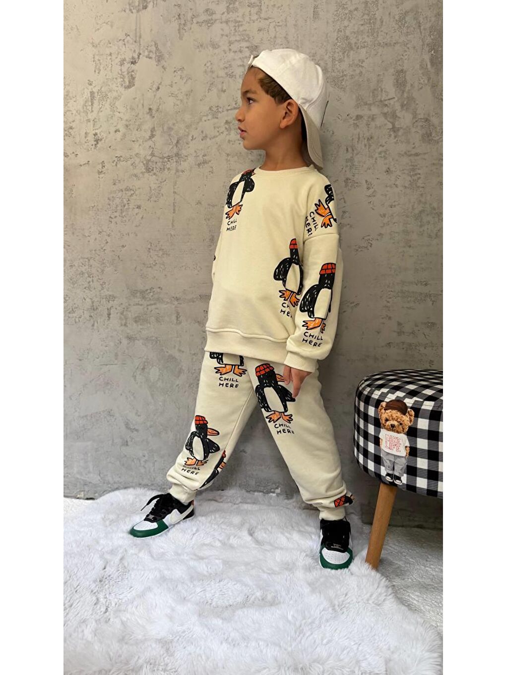 Unisex Çocuk Pamuklu Ekru Penguen Desenli Sweatshirt Ve Eşofman Takım-6