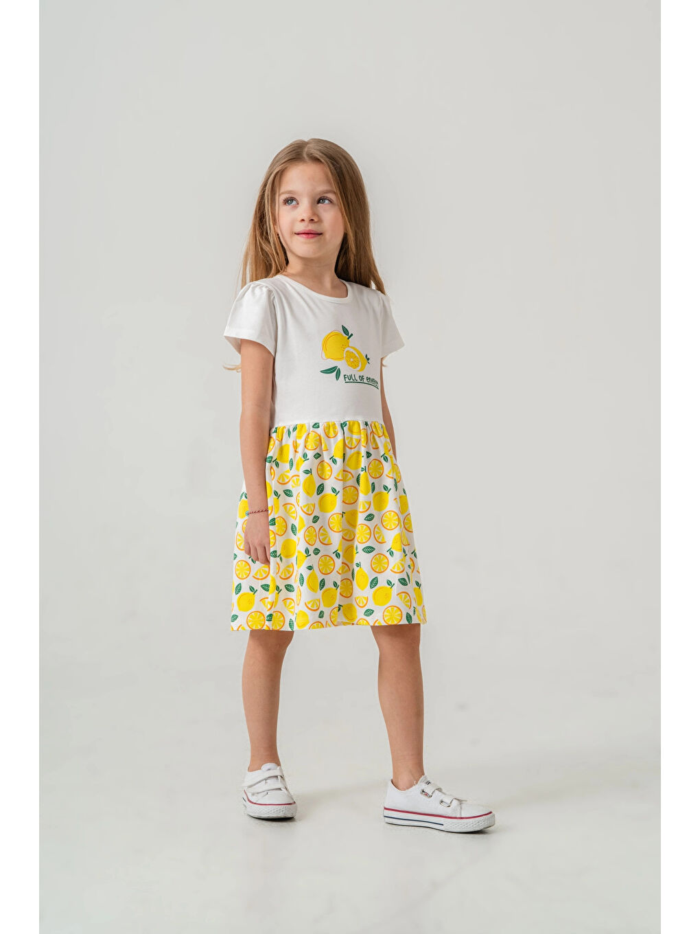 Ekru Limon Baskılı Kız Çocuk Elbise 50972-4