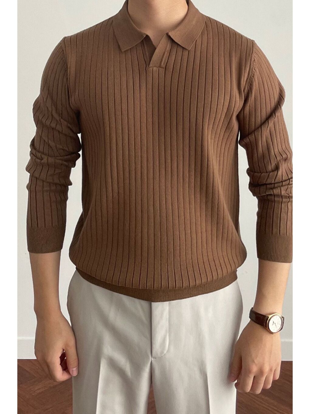 Erkek Koyu Kahverengi Polo Yaka Fitilli Triko Kazak-1