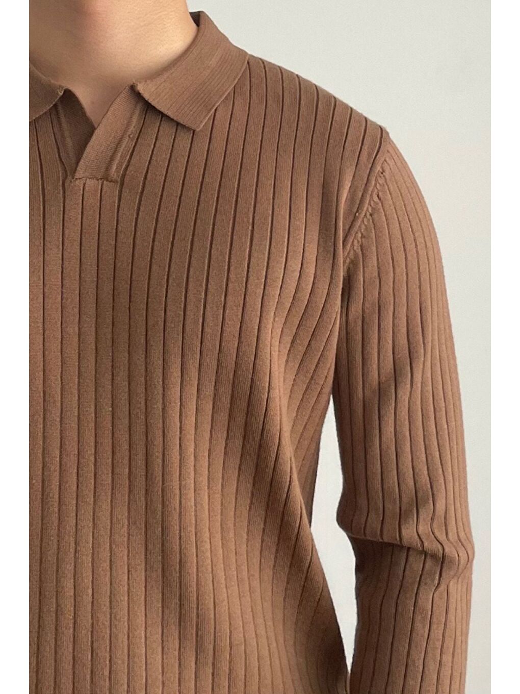 Erkek Koyu Kahverengi Polo Yaka Fitilli Triko Kazak-3