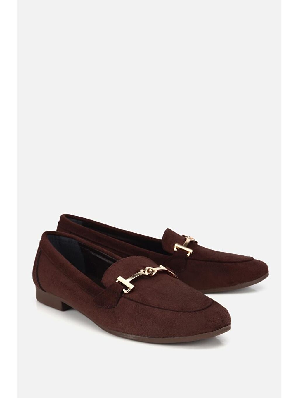 Kadın Kahverengi Süet Gold Tokalı Loafer-1
