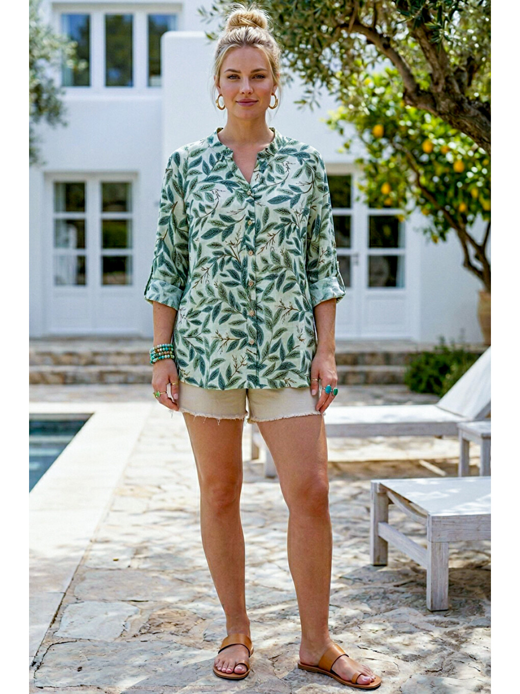 Yeşil Mint Hakim Yaka Düğmeli 3/4 Kol Yaprak Desenli Yırtmaçlı Casual Pamuklu Oversize Dokuma Gömlek 73 60-2