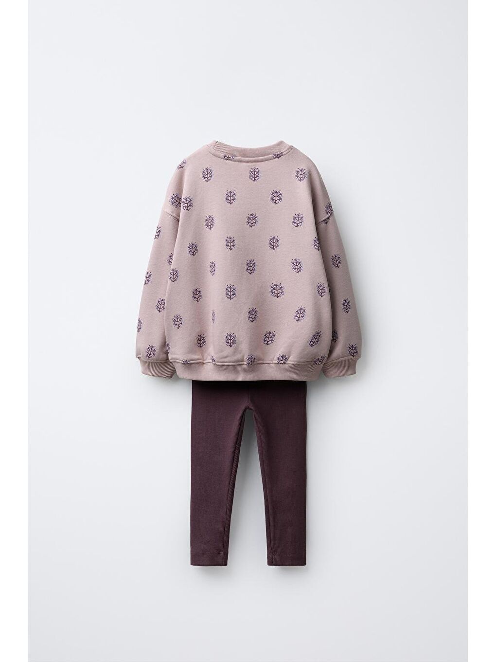 Karışık Kız Çocuk Pamuklu Lila Çiçek Desenli Sweatshirt Ve Tayt Takım – Rahat Günlük Stil-1