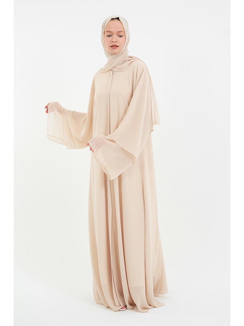Açık Bej Kadın Şifon Abaya Ferace & Şal-1