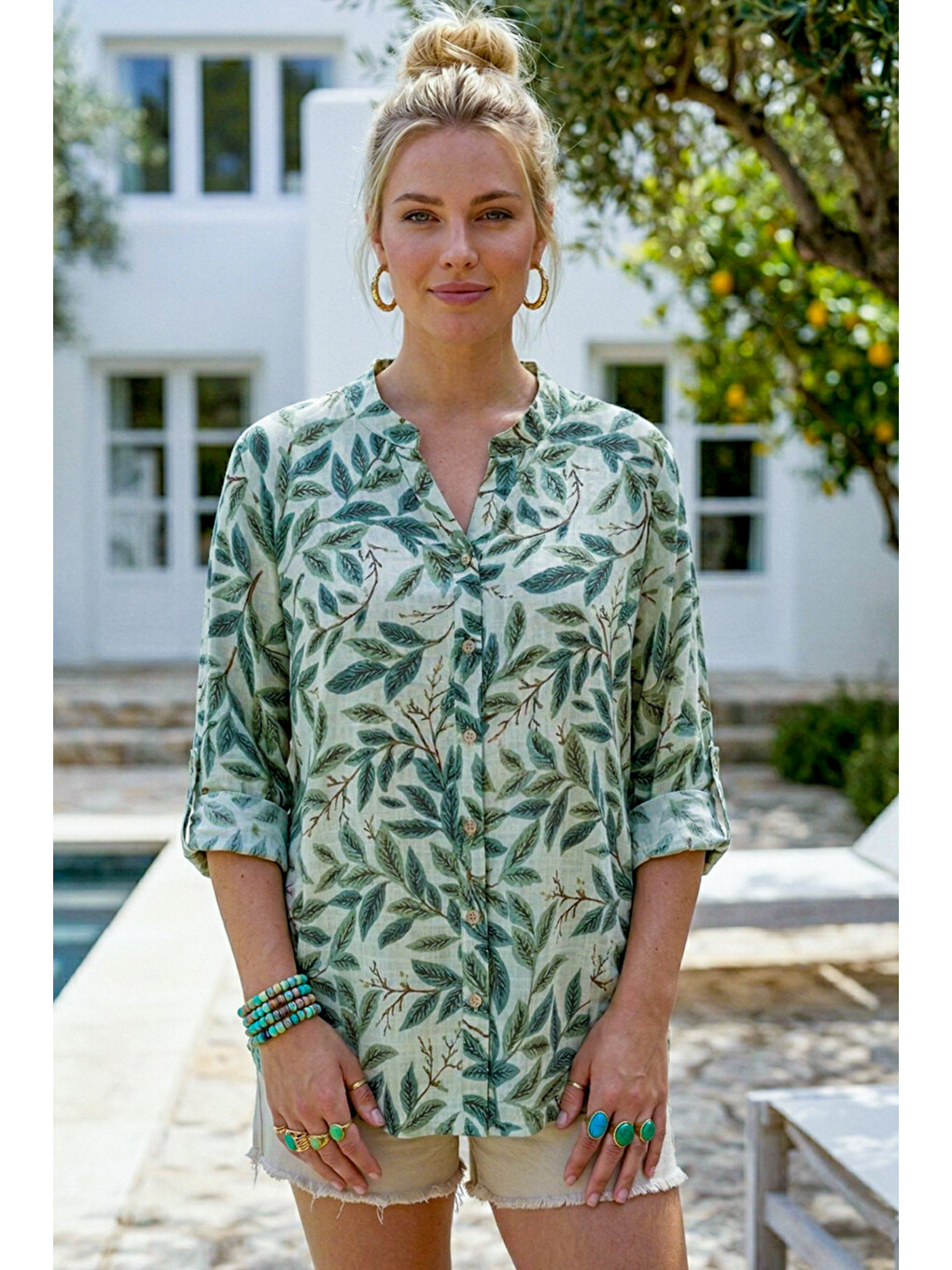 Yeşil Mint Hakim Yaka Düğmeli 3/4 Kol Yaprak Desenli Yırtmaçlı Casual Pamuklu Oversize Dokuma Gömlek 73 60-3
