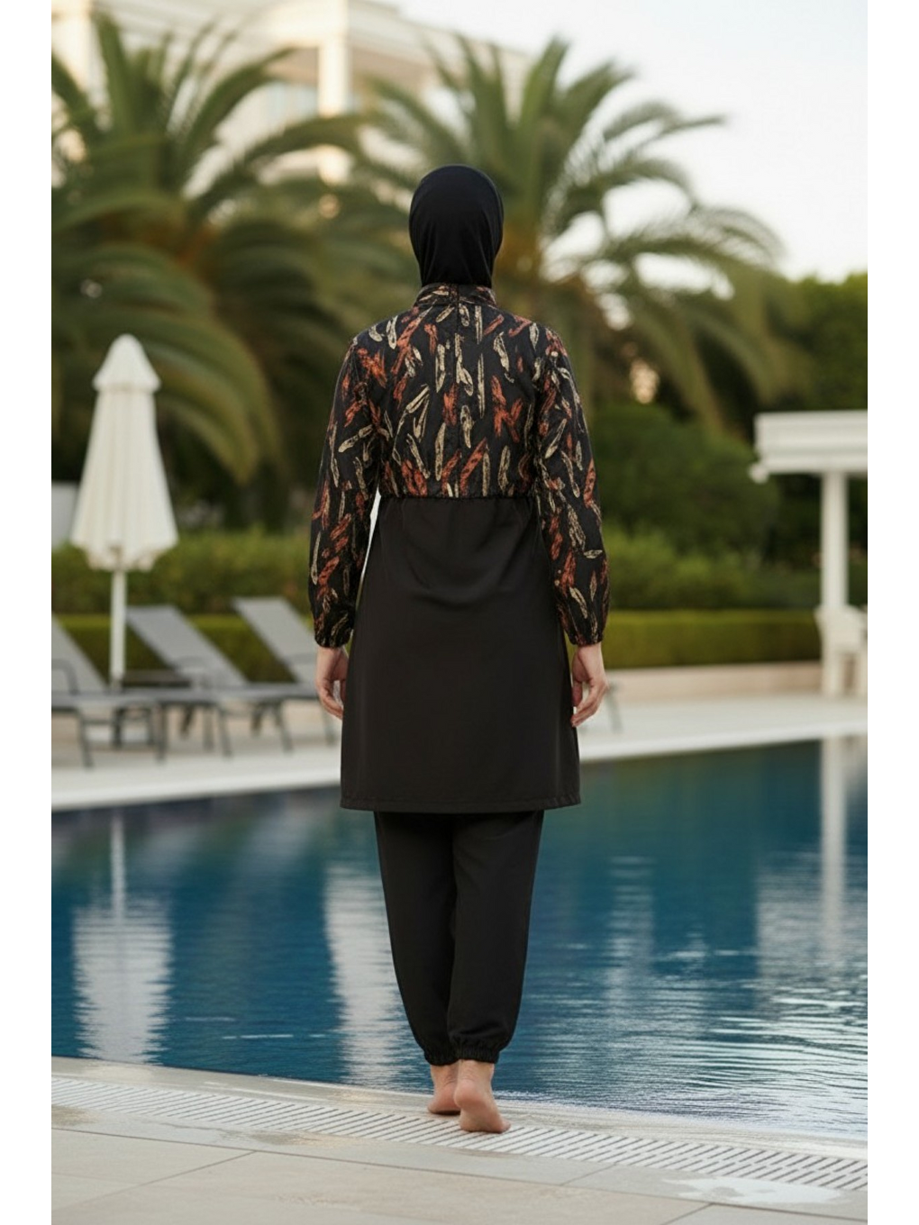 Siyah Hızlı Kuruyan Paraşüt Kumaş Büyük Beden Tam Kapalı Tesettür Mayo 20184-4