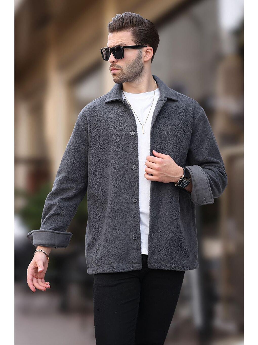 Gri Füme Düğmeli Erkek Polar Gömlek 6753-1