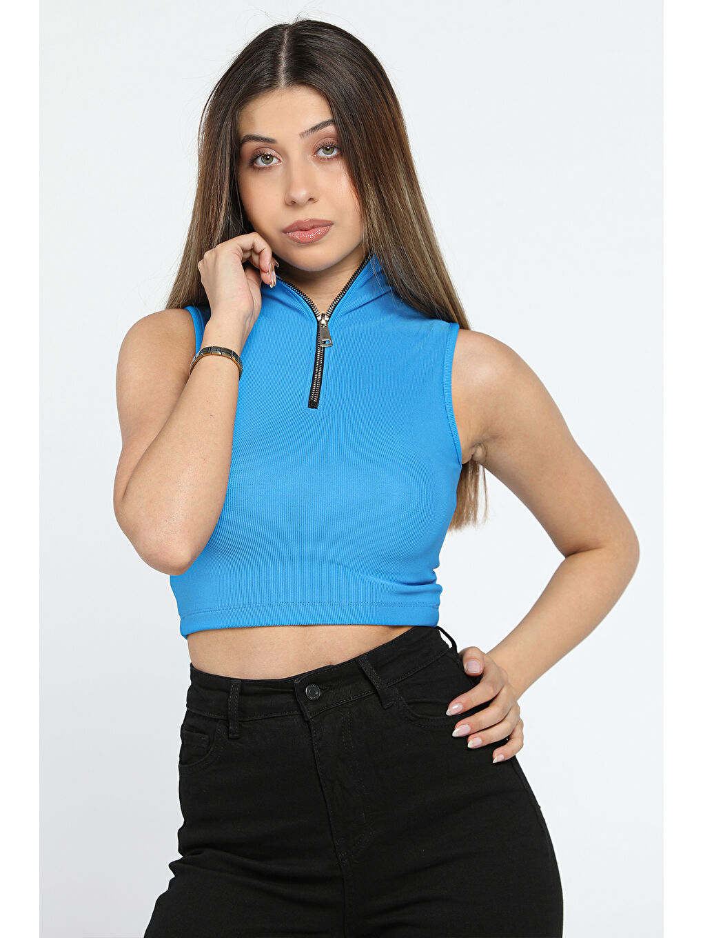 GÜLSELİ Mavi Yarım Balıkçı Yaka Ön Fermuar Detaylı Elastanlı Kadın Crop Top Bluz - 1