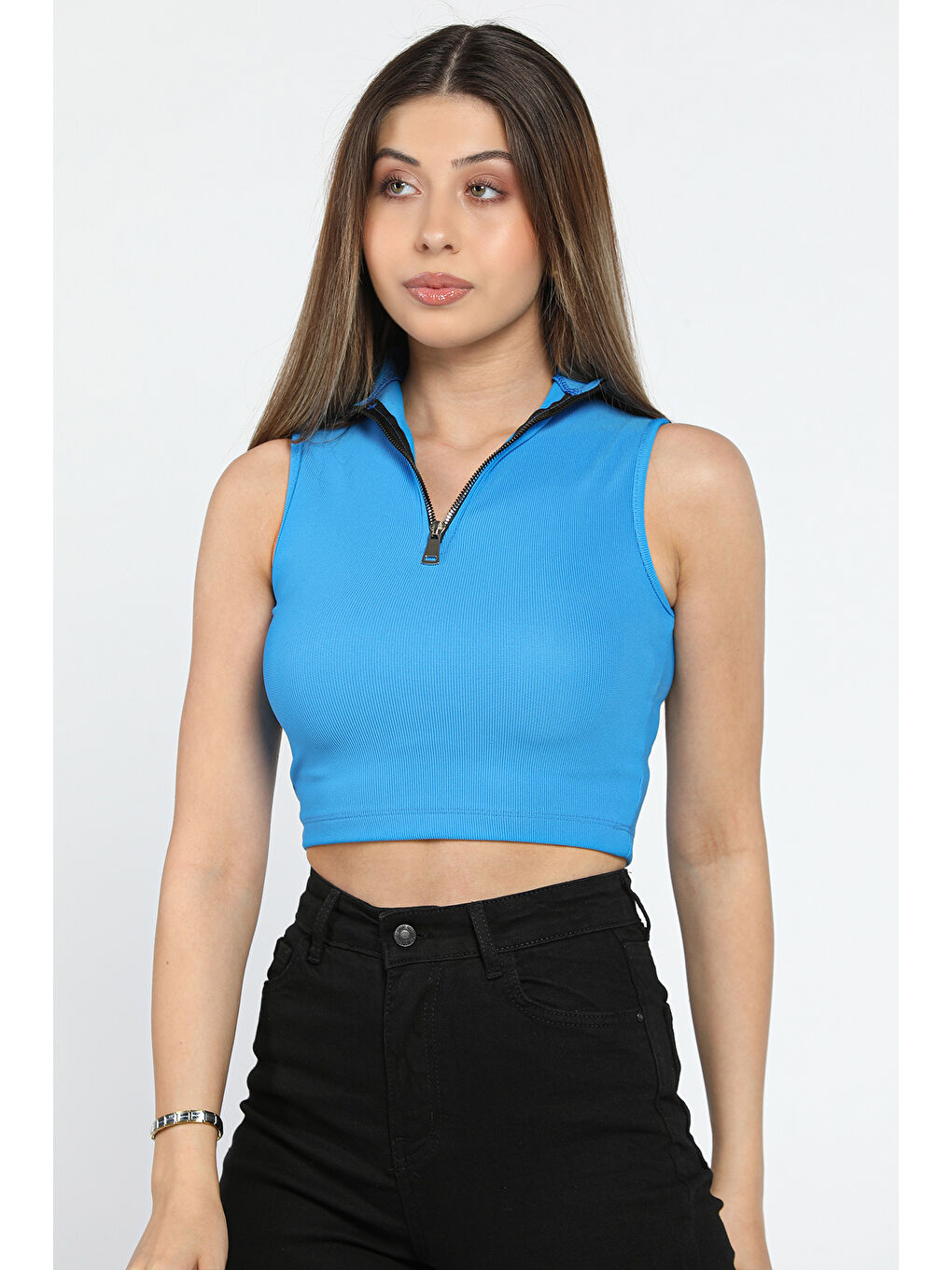 GÜLSELİ Mavi Yarım Balıkçı Yaka Ön Fermuar Detaylı Elastanlı Kadın Crop Top Bluz - 2