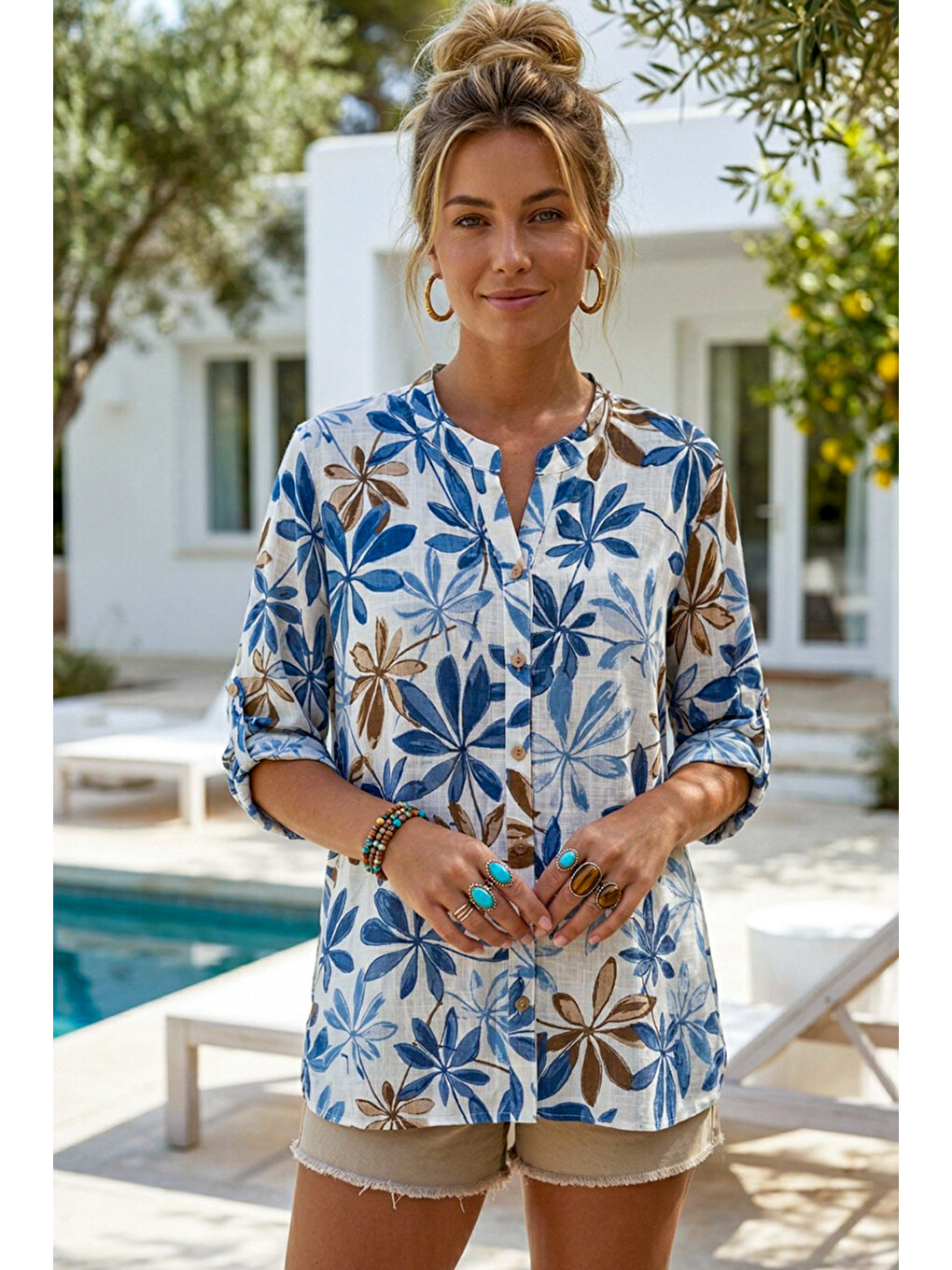 Ekru Krem Hakim Yaka Düğmeli 3/4 Kol Çiçekli Yırtmaçlı Casual Pamuklu Oversize Dokuma Gömlek 73 60-3