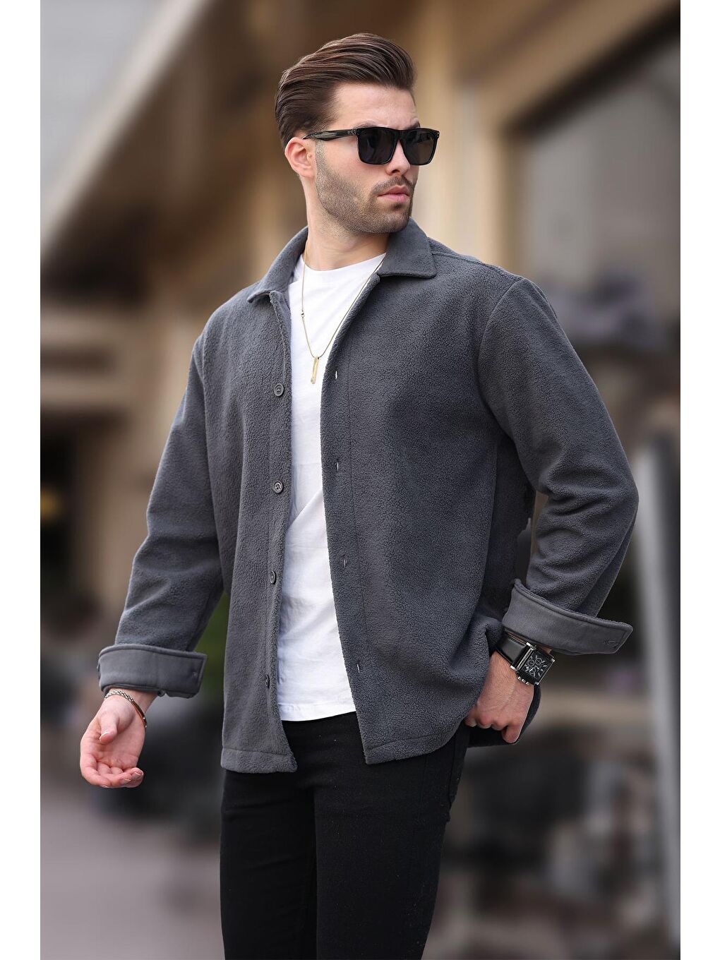 Gri Füme Düğmeli Erkek Polar Gömlek 6753-2