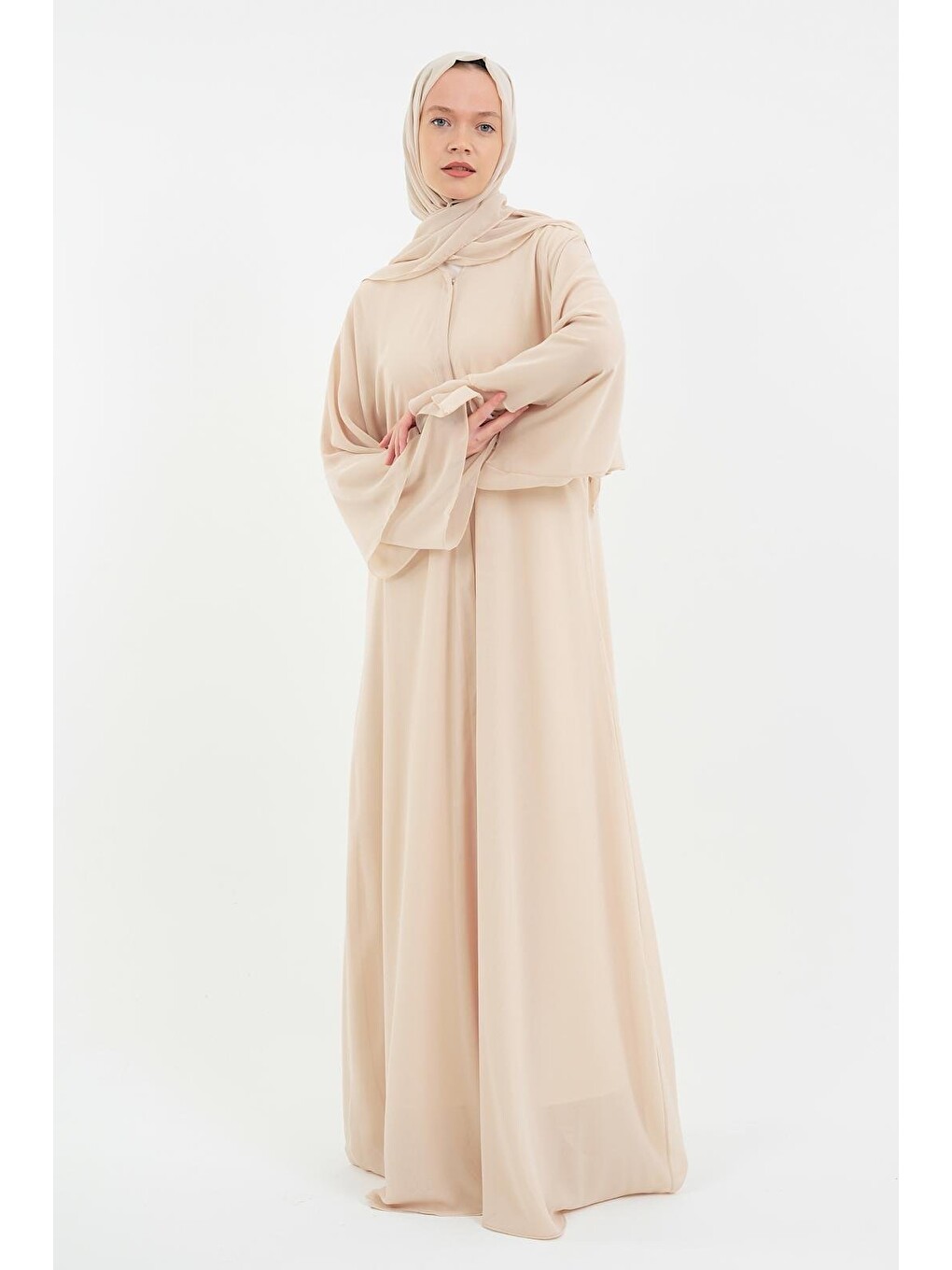 Açık Bej Kadın Şifon Abaya Ferace & Şal-2