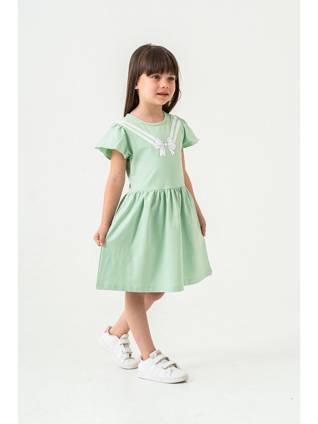 Yeşil Fiyonk Baskılı Kız Çocuk Elbise 50971-2