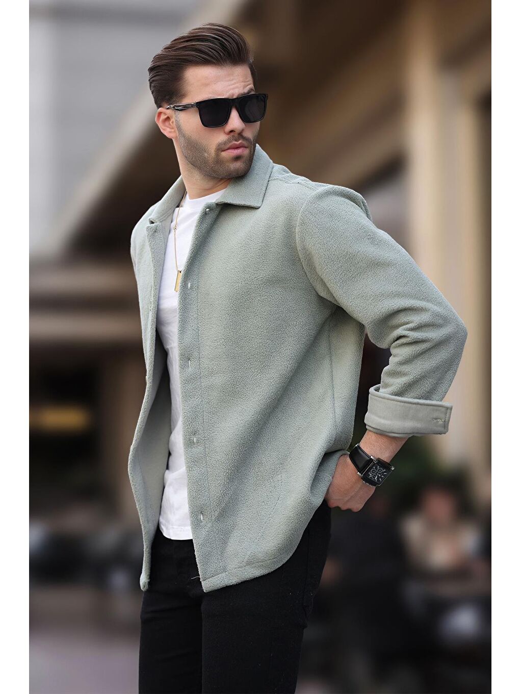 Mint Yeşili Düğmeli Erkek Polar Gömlek 6753-1