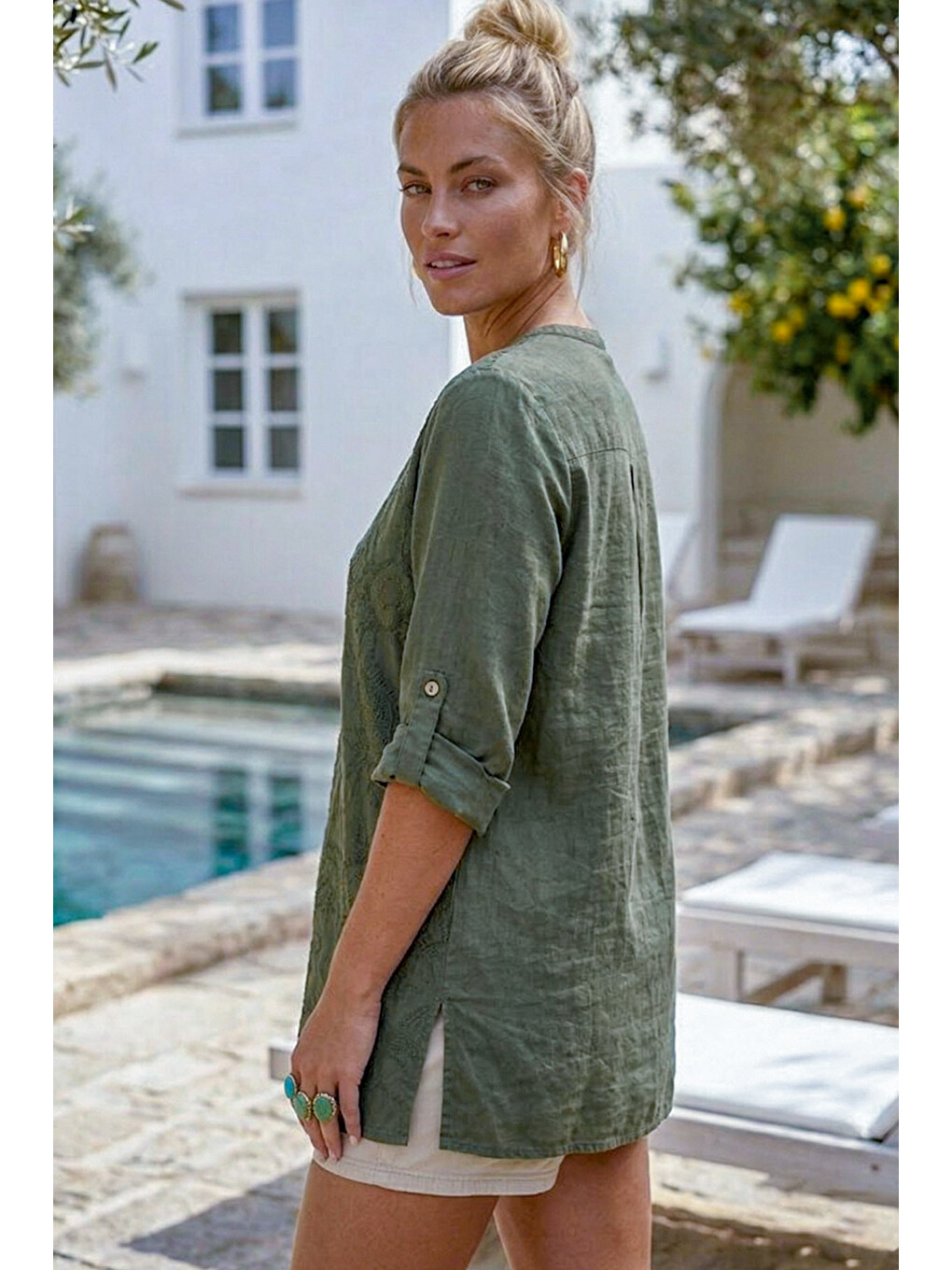 Haki Hakim Yaka Düğmeli 3/4 Kol Brodeli Yırtmaçlı Casual Pamuklu Oversize Dokuma Gömlek 73 60-5