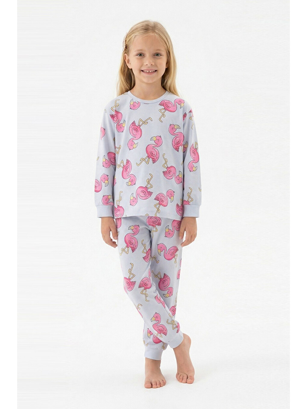 Mavi Kız Çocuk %100 Pamuk Ve Filamingo Desenli Pijama Takımı 3-8 Yaş 12744ıs-1