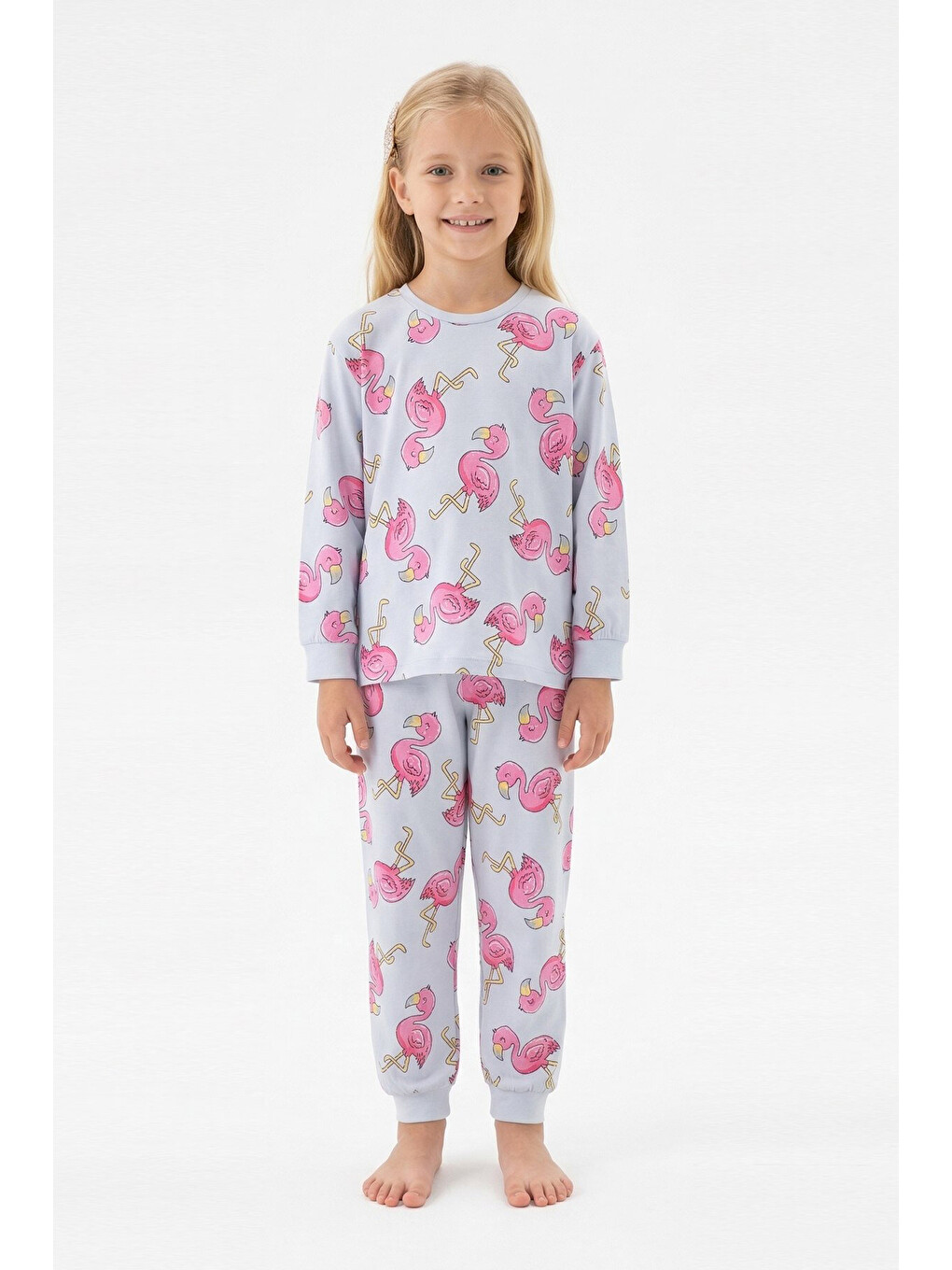 Mavi Kız Çocuk %100 Pamuk Ve Filamingo Desenli Pijama Takımı 3-8 Yaş 12744ıs-2