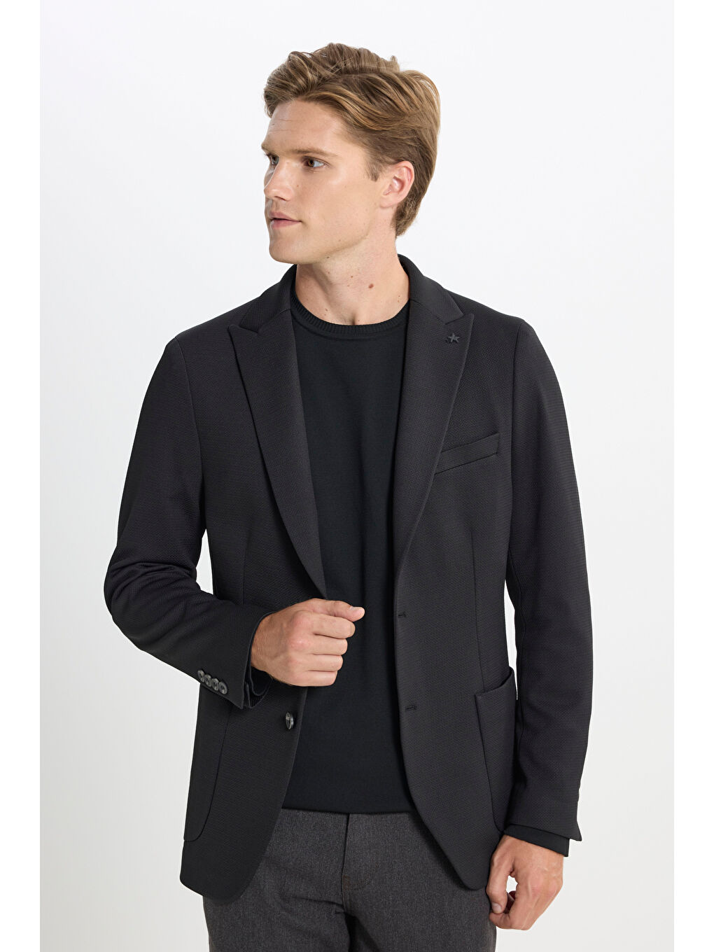 Erkek Siyah Slim Fit Dar Kesim Kırlangıç Yaka Desenli Torba Cepli Ceket