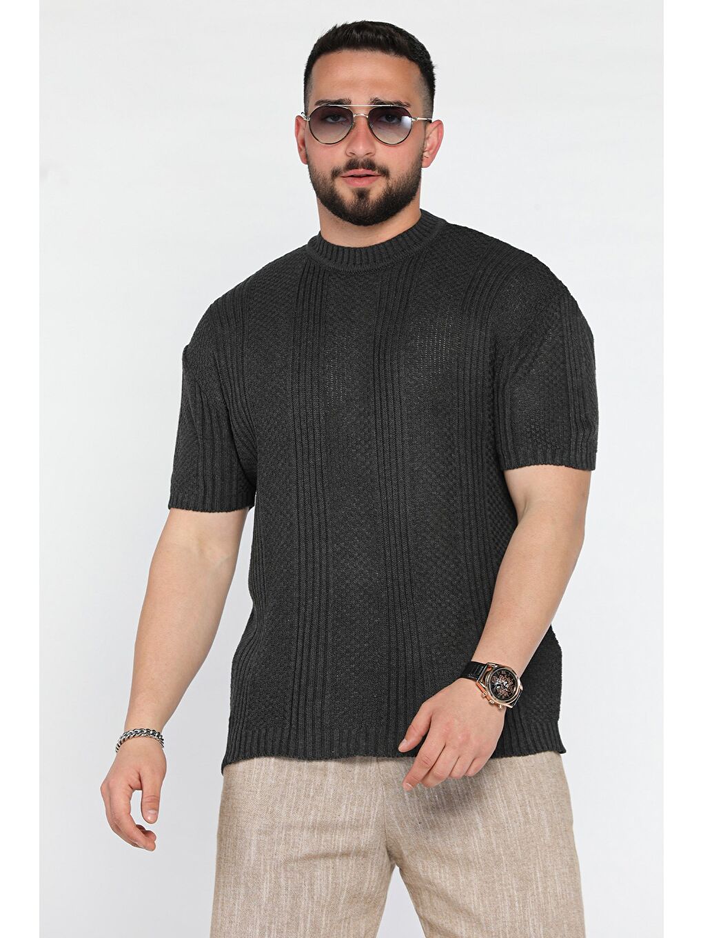 Antrasit Erkek Örme Triko Mevsimlik Elastanlı Tişört-1