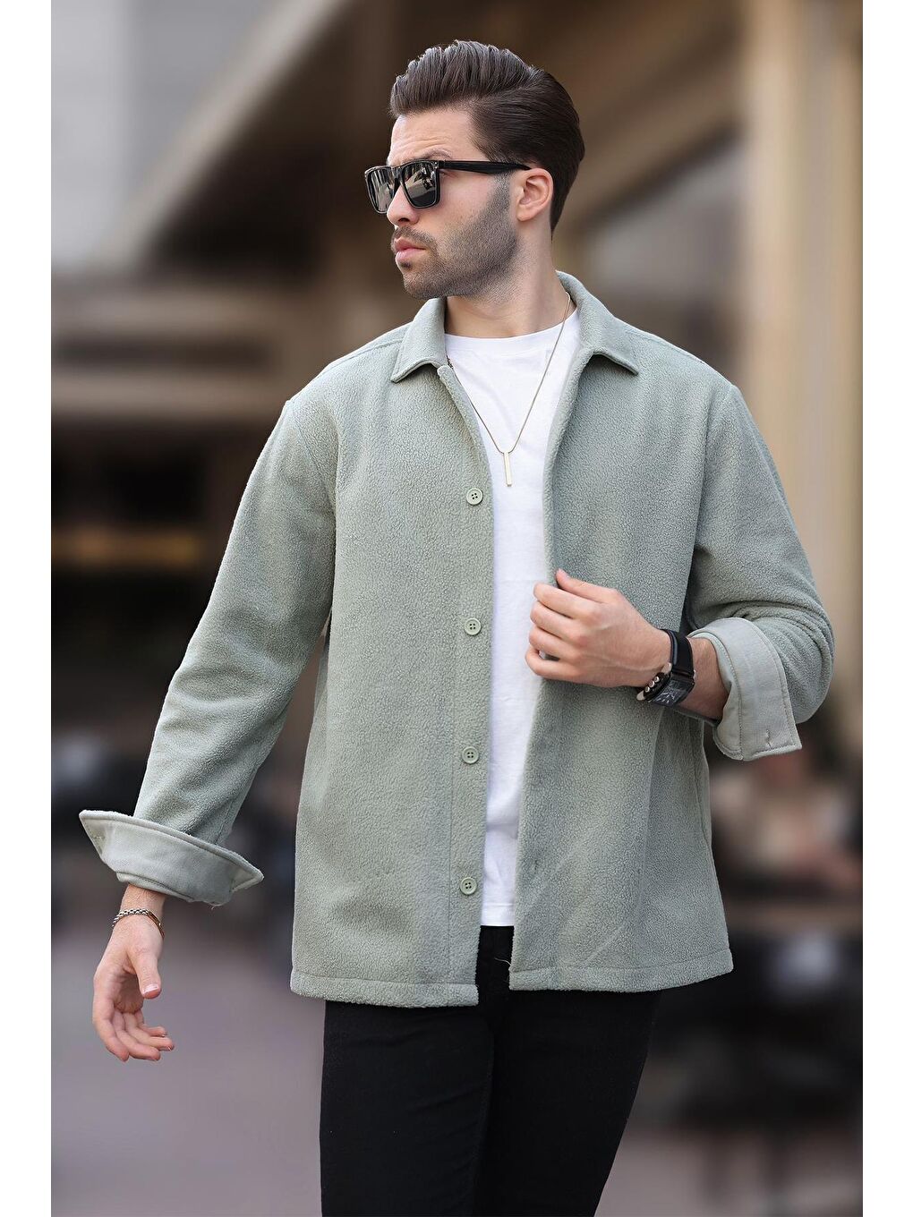 Mint Yeşili Düğmeli Erkek Polar Gömlek 6753-2