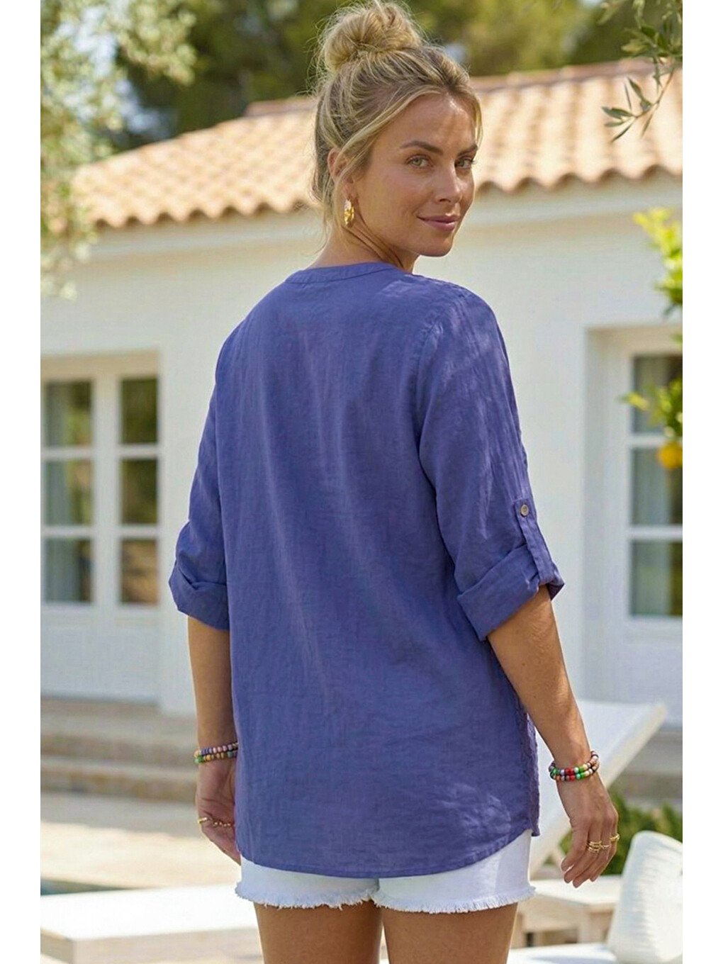 Mor Hakim Yaka Düğmeli 3/4 Kol Brodeli Yırtmaçlı Casual Pamuklu Oversize Dokuma Gömlek 73 60-6