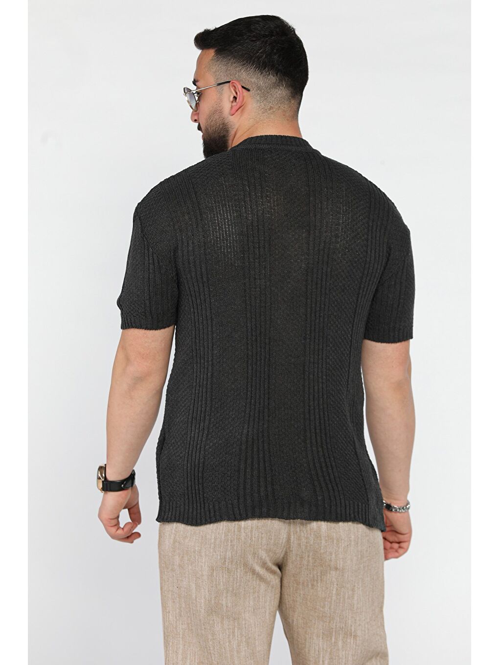 Antrasit Erkek Örme Triko Mevsimlik Elastanlı Tişört-2
