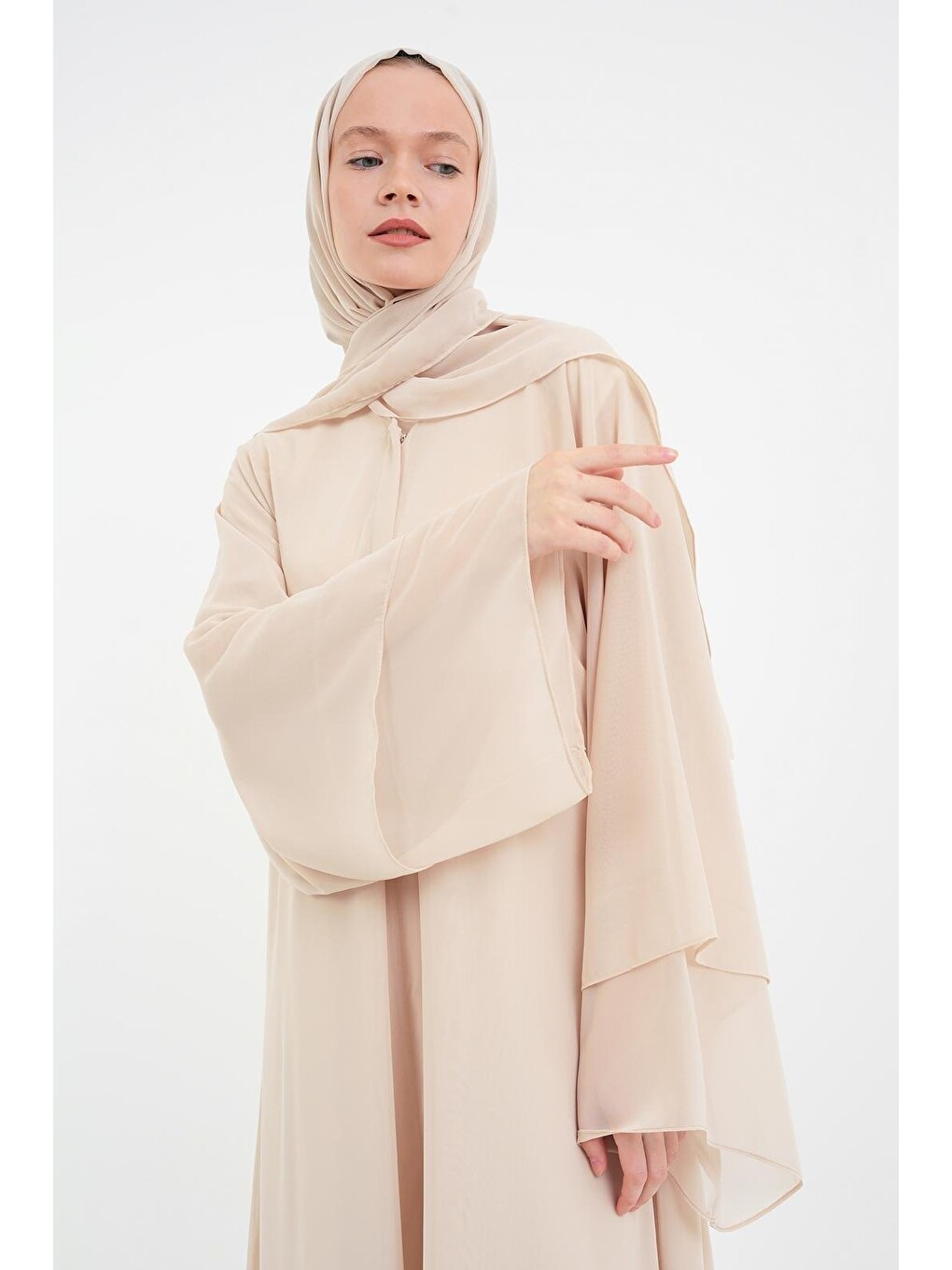 Açık Bej Kadın Şifon Abaya Ferace & Şal-5
