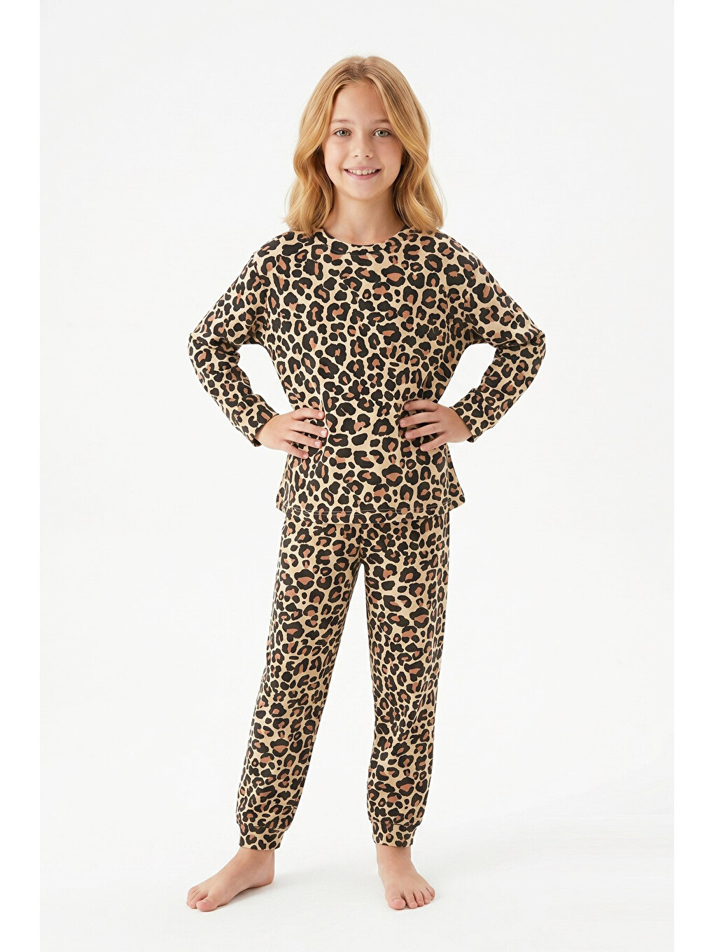 Kahverengi Kız Çocuk %100 Pamuk Ve Rotasyon Desenli Pijama Takımı 3-8 Yaş 12743ıs