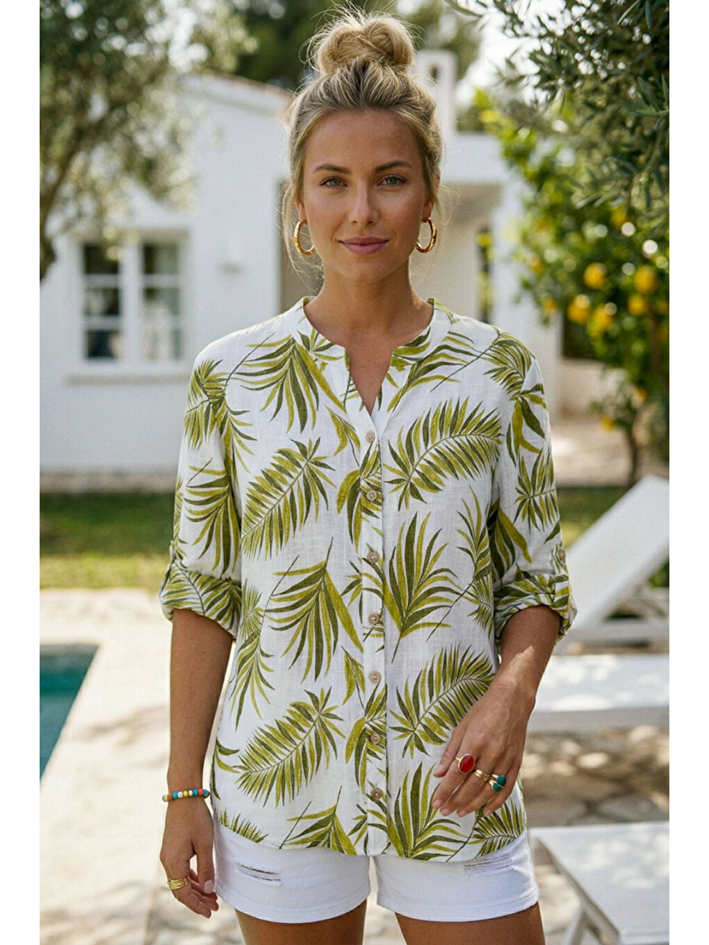 Ekru Krem Hakim Yaka Düğmeli 3/4 Kol Yaprak Desenli Yırtmaçlı Casual Pamuklu Oversize Dokuma Gömlek 73 60