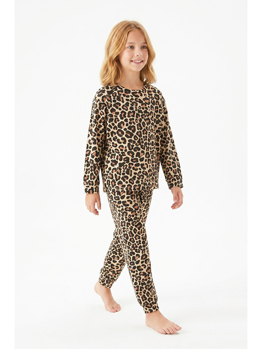 Kahverengi Kız Çocuk %100 Pamuk Ve Rotasyon Desenli Pijama Takımı 3-8 Yaş 12743ıs-1