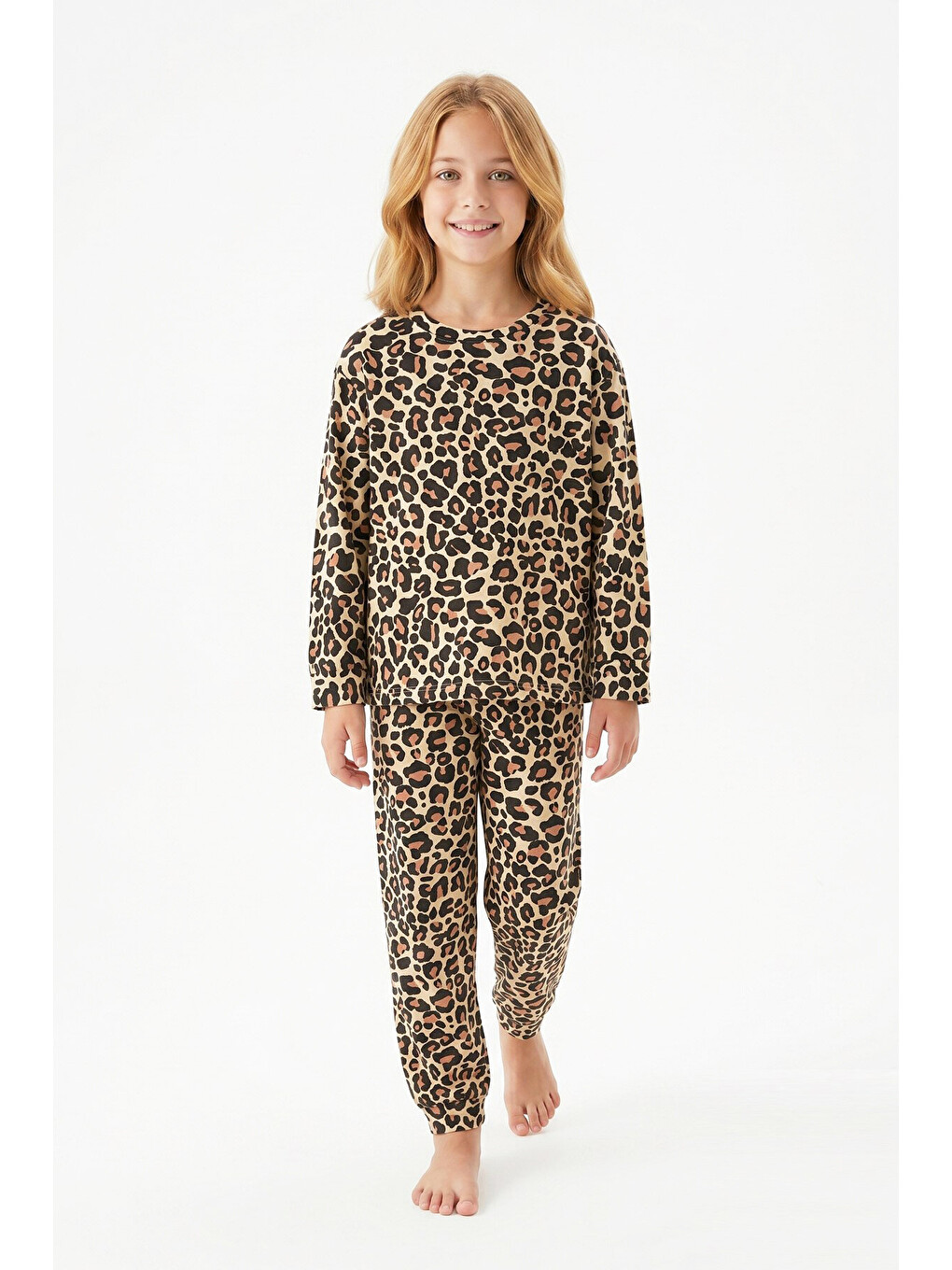 Kahverengi Kız Çocuk %100 Pamuk Ve Rotasyon Desenli Pijama Takımı 3-8 Yaş 12743ıs-2