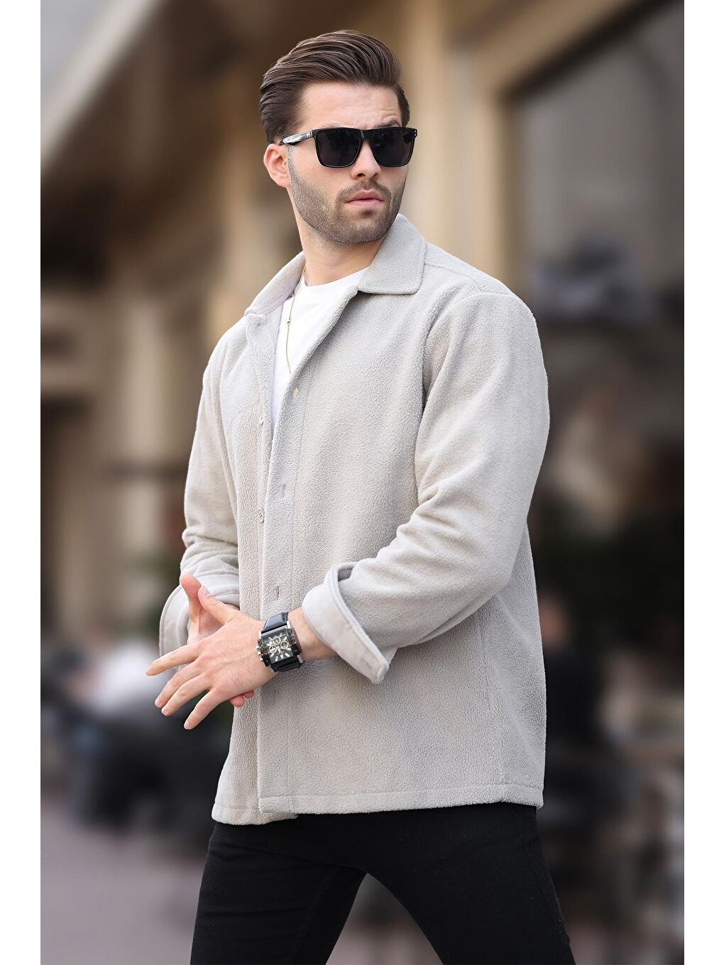 Boyalı Gri Düğmeli Erkek Polar Gömlek 6753-1