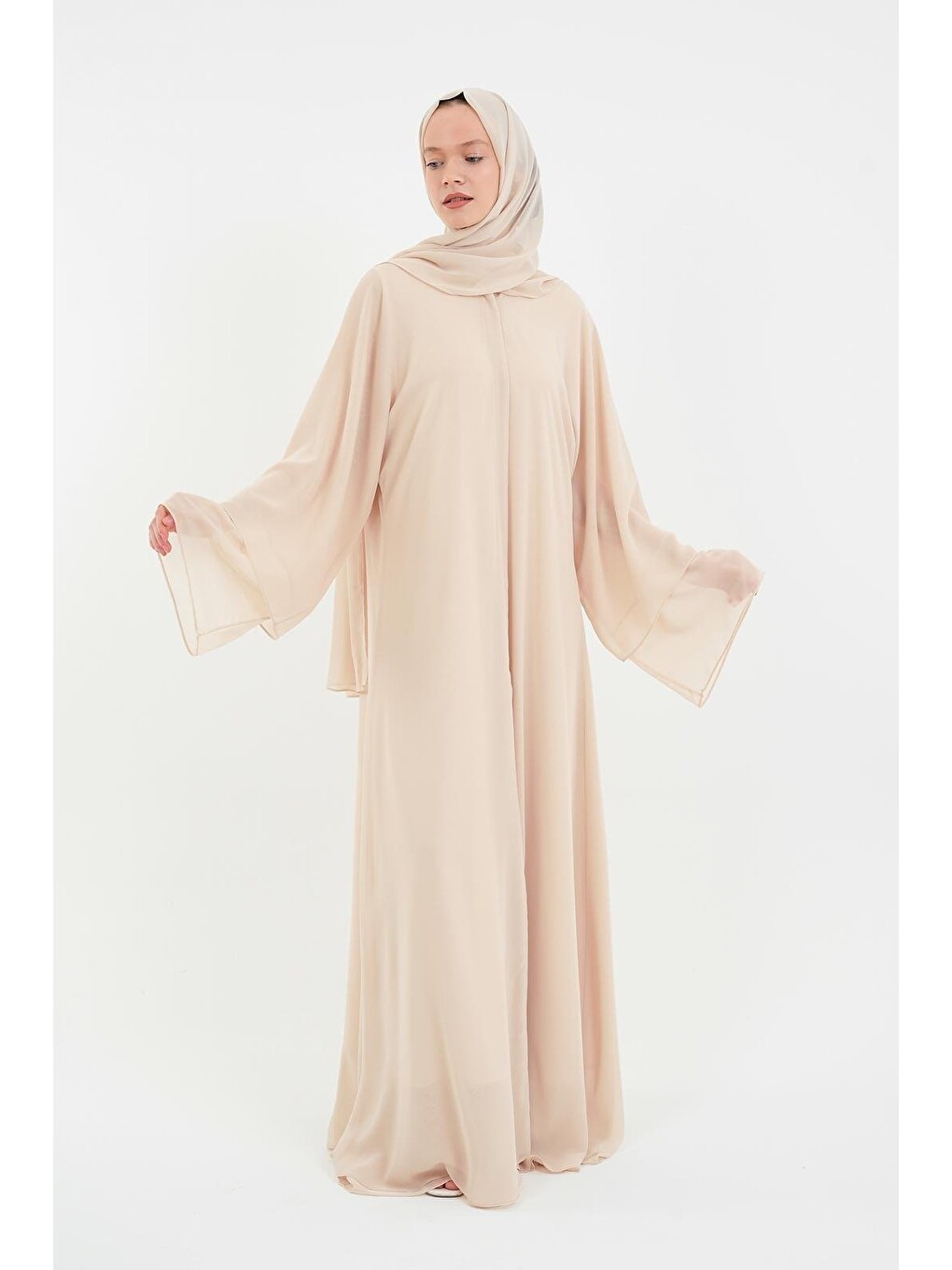 Açık Bej Kadın Şifon Abaya Ferace & Şal-6