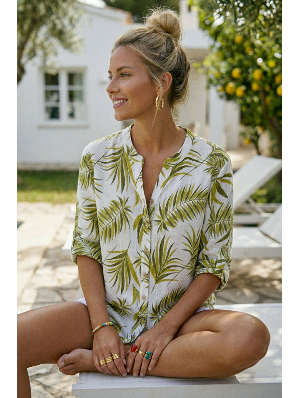 Ekru Krem Hakim Yaka Düğmeli 3/4 Kol Yaprak Desenli Yırtmaçlı Casual Pamuklu Oversize Dokuma Gömlek 73 60-4