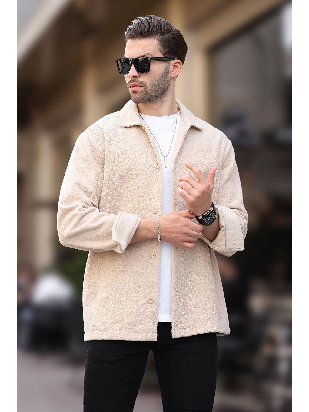 Bej Düğmeli Erkek Polar Gömlek 6753-1
