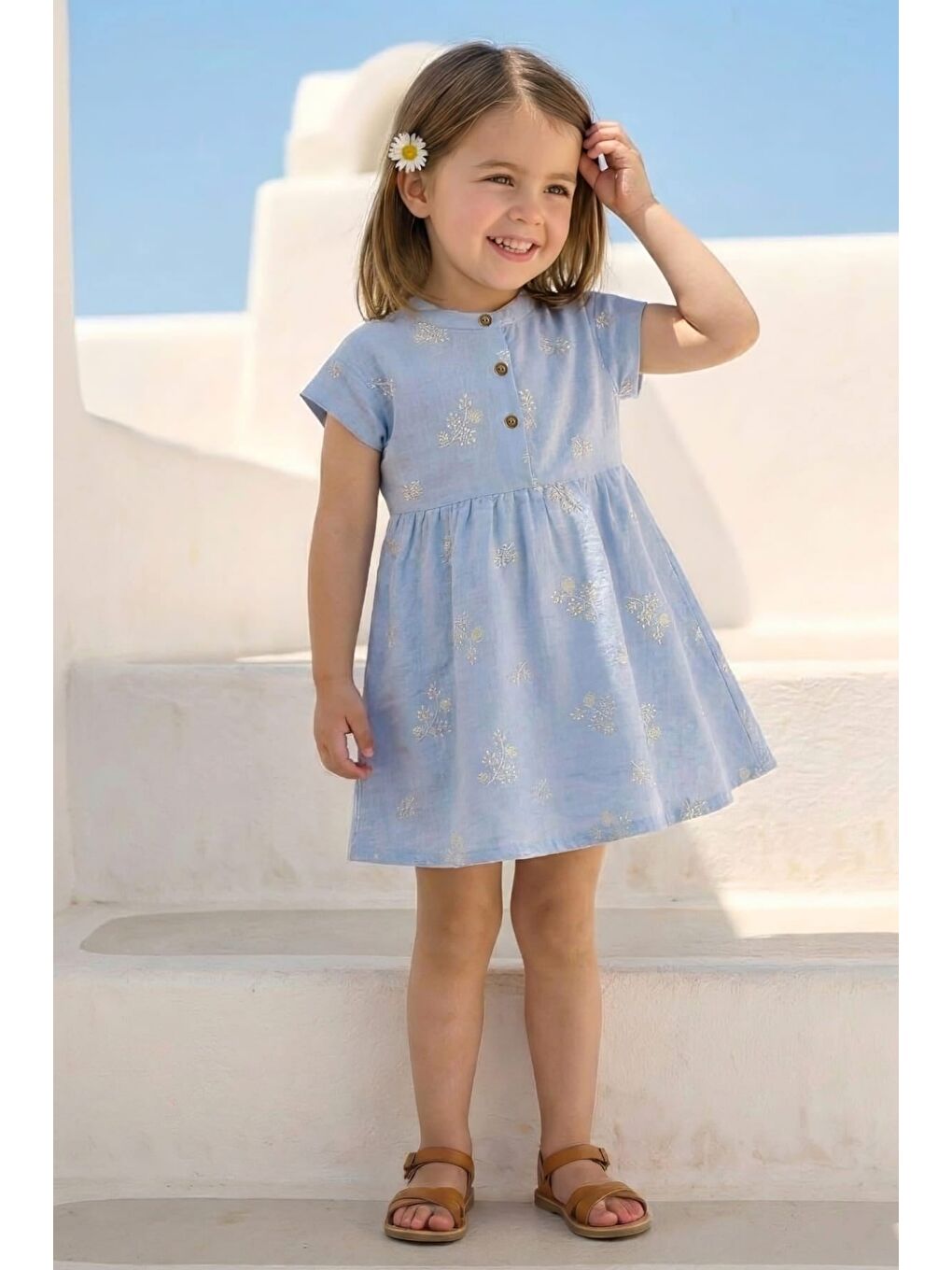 Kız Çocuk Nakış Detaylı Düğmeli Elbise - Mavi