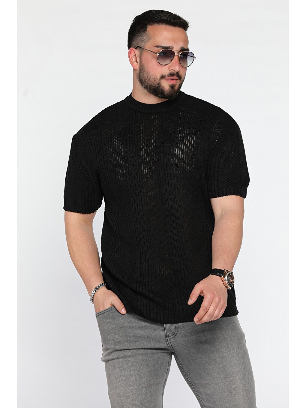 Siyah Erkek Örme Triko Mevsimlik Elastanlı Tişört