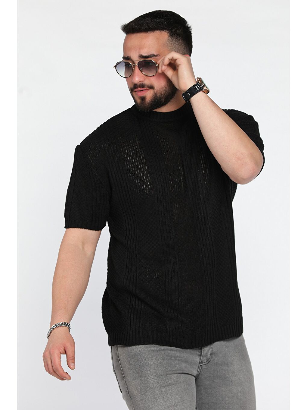 Siyah Erkek Örme Triko Mevsimlik Elastanlı Tişört-1