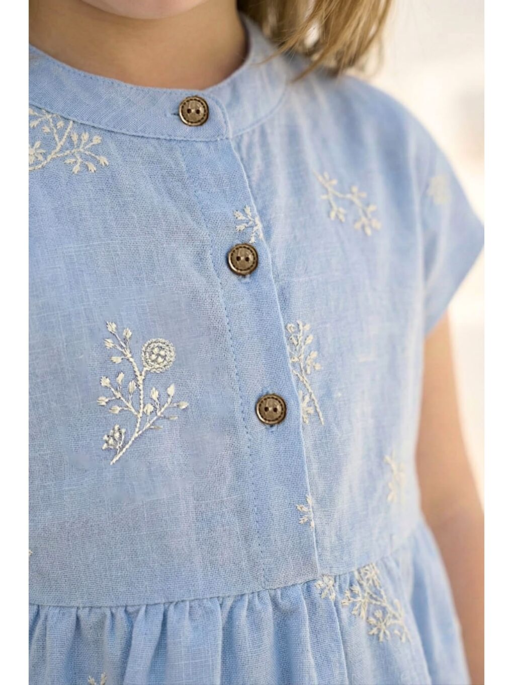 Kız Çocuk Nakış Detaylı Düğmeli Elbise - Mavi-1