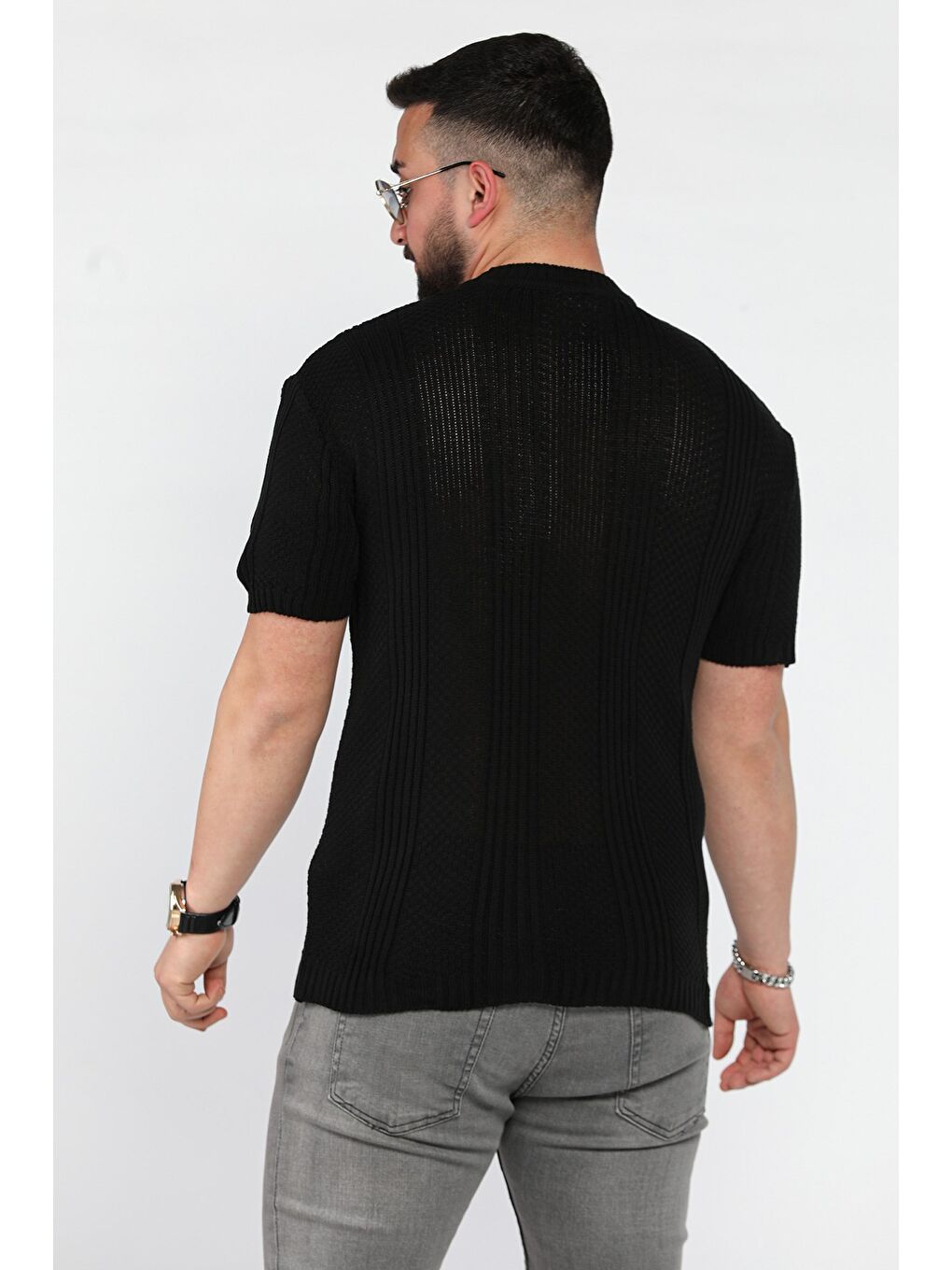 Siyah Erkek Örme Triko Mevsimlik Elastanlı Tişört-2