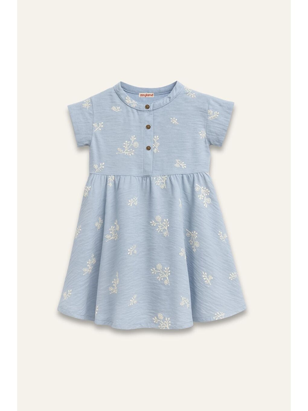 Kız Çocuk Nakış Detaylı Düğmeli Elbise - Mavi-2