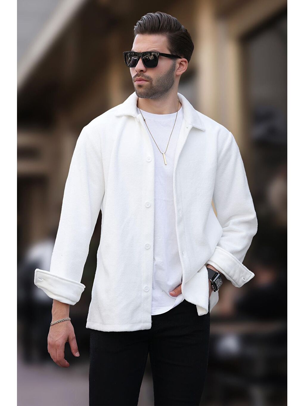 Beyaz Düğmeli Erkek Polar Gömlek 6753